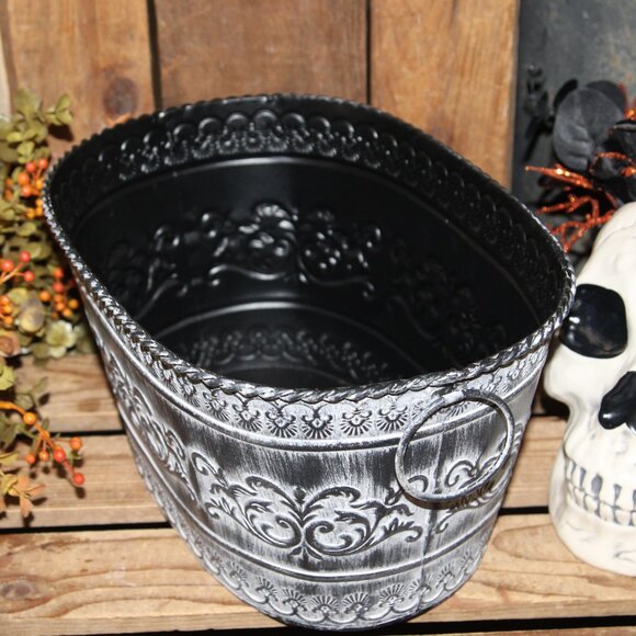 NEW Ornate Black & White French Country Gothic Halloween Metal Bucket w/Handles - Picture 4 of 9